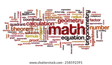 Word cloud with words related to mathematics, trigonometry, algebra, geometry and similar mathematical terms