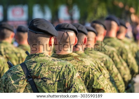 ZAGREB, CROATIA - AUGUST 4, 2015: Croatian soldiers during military parade held in celebration of 20th anniversary of liberation of Croatia. It was held along Vukovar Avenue.