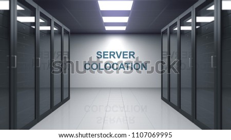 SERVER COLOCATION caption on the wall of a server room. Conceptual 3D rendering Foto stock © 