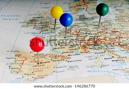 Macro shot of pins over the main capitals of the European continent Stockfoto © 