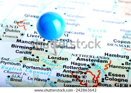 Macro shot of a European map showing London England