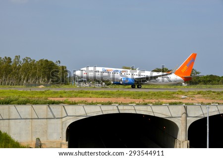 RIO HATO AIRPORT, PANAMA-JULY 3, 2015: A Sunwing Airline 737-800 jet  from Canada about to take off from the new International Airport of Rio Hato in the central part of Panama.