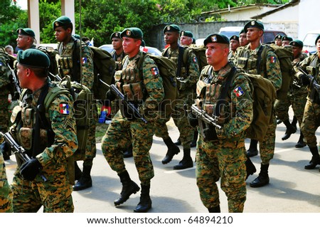 LOS SANTOS, PANAMA - NOVEMBER 10:  Border Patrol soldiers march during independence from Spain celebration on November 10, 2010 in La Villa de Los Santos, Panama.
