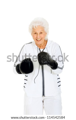 elderly woman with boxing gloves