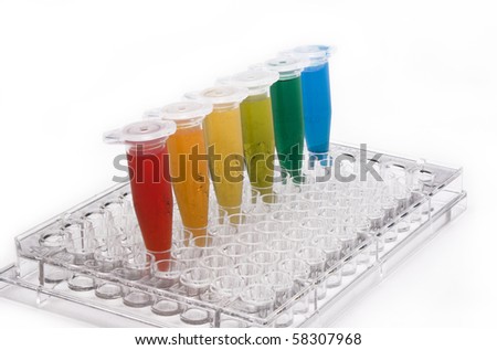 PCR plate and tubes filled with chemicals of different colors