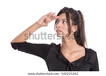 Isolated young business woman in a black blouse is looking in her future - hands up like a captain