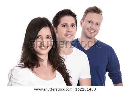 Good team work - happy trainees in a row isolated on white background - young men and woman