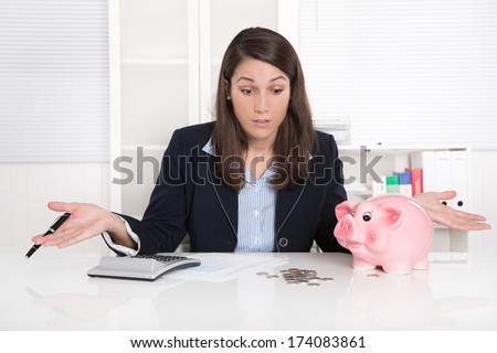 Young pretty business woman count money - coins with a piggy bank - concept for Euro - saving for holidays