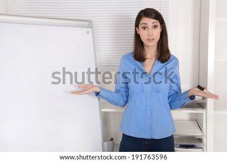 Solution searching businesswoman standing before flip chart.