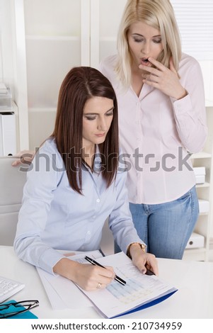 Two young businesswoman at desk looking shocked at balance sheet.