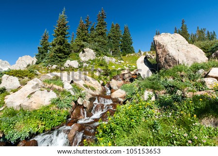 Waterfall with colorful wildflowers in the Colorado mountains landscape