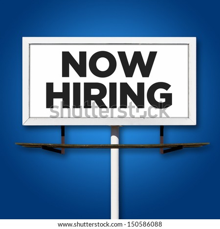 Now Hiring Billboard Advertising Sign on Blue Background