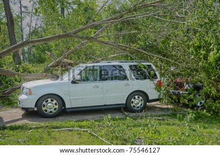 HOLLY SPRINGS, NC, USA - APRIL 18: A tornado  caused severe damage to a car in the town of Holly Springs on April 16, 2010 in Holly Springs, NC, USA