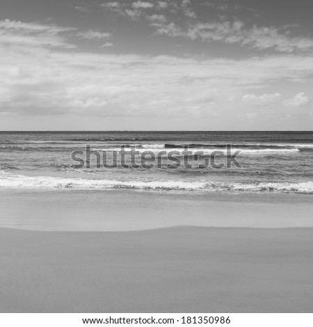Beach with blue sky and blue water lapping the sand in black and white