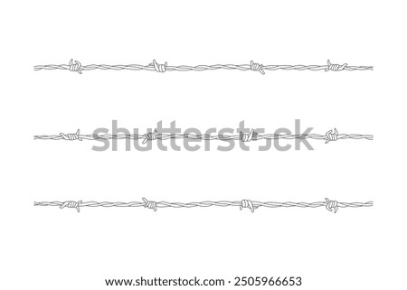 Barbed wire fence outline with 3 variations of barbed wire twists and spikes vector