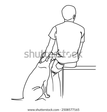 A man patting his pet dog while both sitting down and looking off into the distance in line drawing illustration for dog lovers