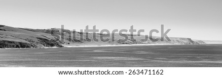 Landscape of the Australian coastline along South Australia\'s Fleurieu Peninsula in black and white