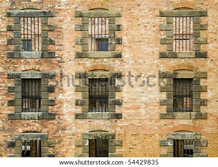 Detail of the windows and stone work at the historic Port Arthur Penitentiary, Tasmania, Australia.