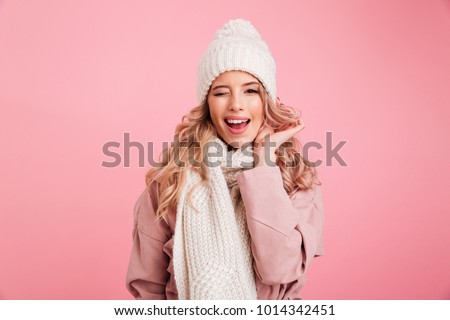 Similar – Image, Stock Photo Woman with pink scarf for cancer looking at the sea in bikini from the beach