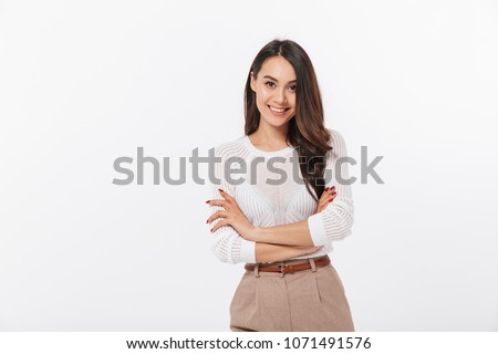 Similar – Image, Stock Photo Cheerful young lady standing near wall with colorful graffiti on street