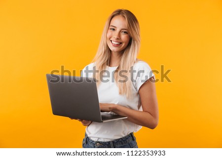 Similar – Image, Stock Photo Cute blonde girl working in the morning on a laptop and drinking coffee. Work online, freelance, social distance