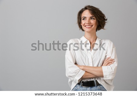 Similar – Image, Stock Photo young brunette woman looks expectantly out of the window up into the sky | farsighted