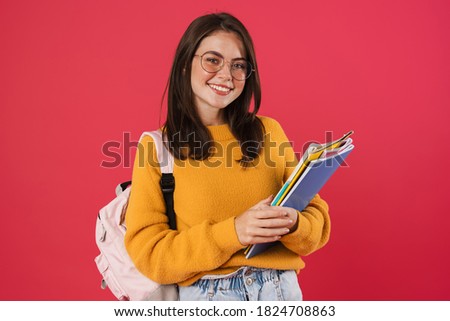 Similar – Image, Stock Photo happy backpacker caucasian woman at platform on train station using mobile phone. Travel concept