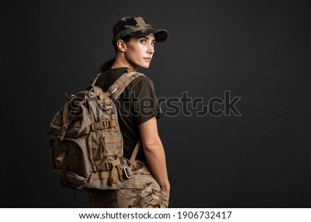 Similar – Image, Stock Photo Young woman with backpack standing in airport