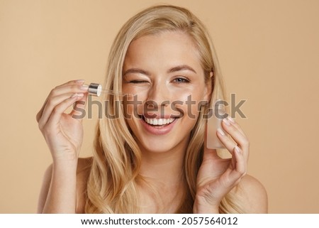 Similar – Image, Stock Photo Happy woman with bottle of beer in tent