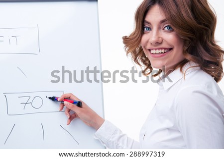 Smiling businesswoman in glasses presenting strategy on flipchart isolated on a white background. Looking at camera