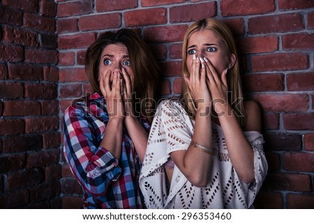 Two scared woman standing with brick wall on background