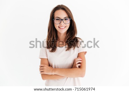 Similar – Image, Stock Photo Portrait of young pretty yoga girl with short curly hair in sportswear. Calm and peace on her face. Slight smile. Film toned filter.