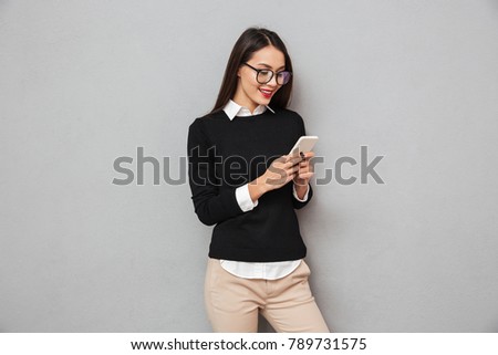 Similar – Image, Stock Photo Pretty woman with glasses portrait with christmas tree in background