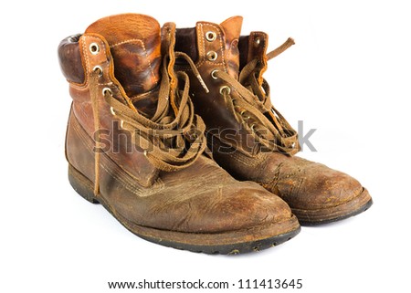 Pair Of Old Worn Brown Leather Work Boots On White Stock Photo ...