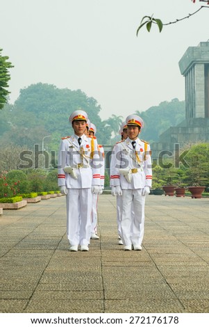 HANOI, VIETNAM - January 27, 2014: Guards on parade at the Ho Chi Minh Mausoleum in Ba Dinh Square in Jaunary 2014.