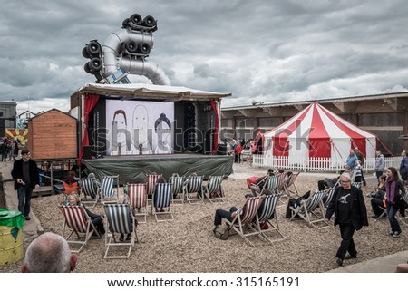 WESTON-SUPER-MARE, UK - SEPTEMBER 3 2015: Outdoor Cinema at Banksy's Dismaland Bemusement Park. A five week show in the seaside town of Weston-Super-Mare.
