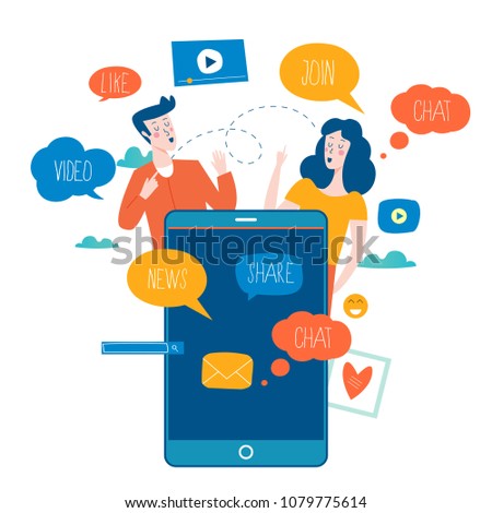 Social media, networking, chatting, texting, communication, online community, posts, comments, news flat vector illustration. People with speech bubbles. Design for mobile and web graphics