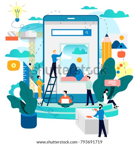 Mobile application development process flat vector illustration. Software API prototyping and testing background. Smartphone interface building process, mobile app building concept. Design studio