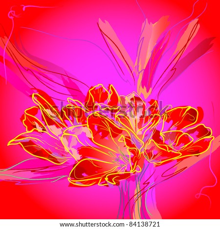 Flowers tulips with leaves. Floral background, greeting card.