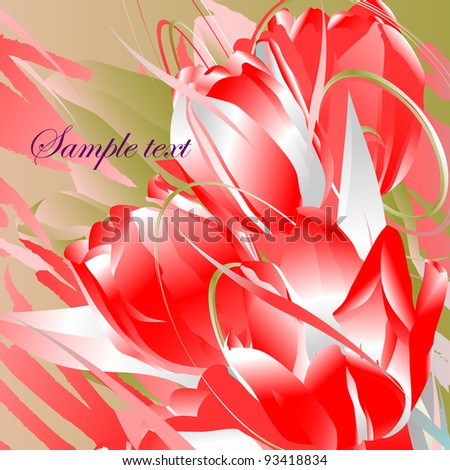 Floral background, greeting card. Flowers tulips with leaves.