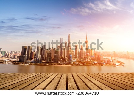 shanghai skyline and huangpu river with sunset glow