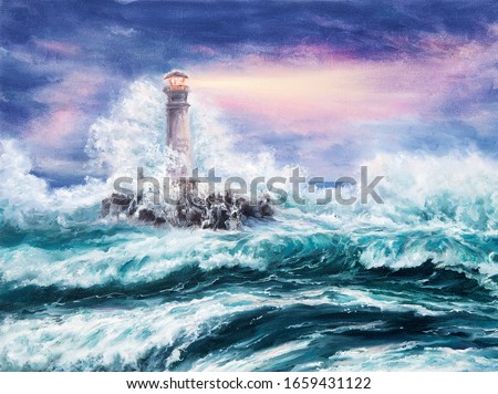 Original oil painting of  lighthouse during storm on canvas.Purple sunset over ocean.Modern Impressionism