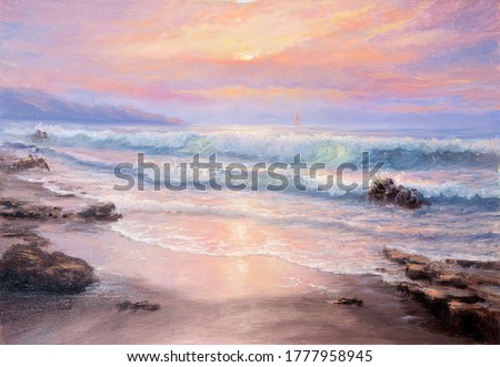 Original  oil painting of beautiful purple sunset over ocean beach and lighthouse on canvas.Modern Impressionism, modernism,marinism