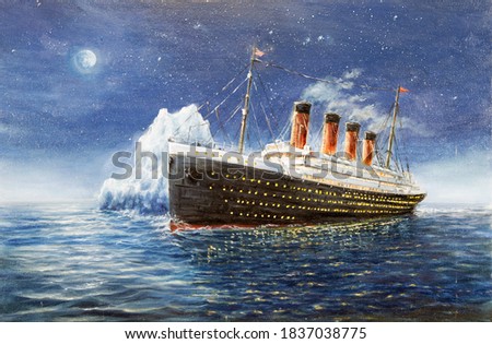 Original oil painting of Titanic and iceberg in ocean at night on canvas.Full moon and stars.Modern Impressionism