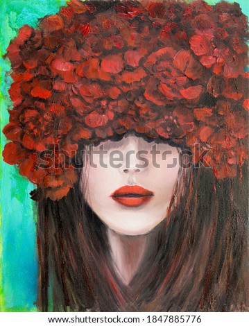 Original abstract oil painting showing woman face and red roses or carnation flowers on canvas. Modern Impressionism, modernism,marinism