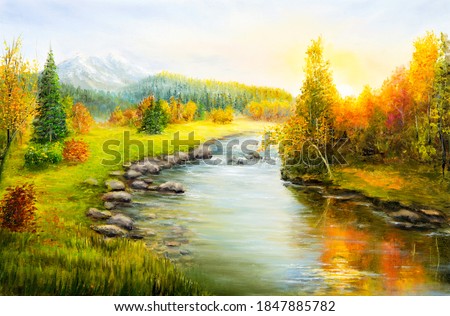 Original  oil painting of beautifl autumn landscape, forest,mountains  and river  on canvas.Modern Impressionism, modernism,marinism