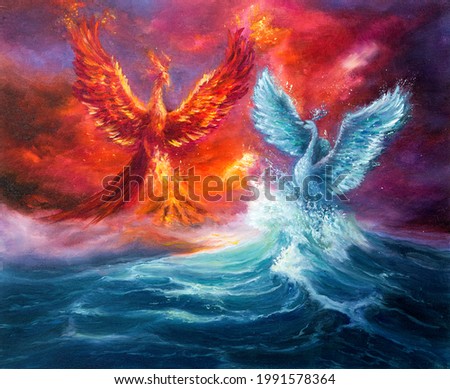 Original abstract oil painting showing mythology phoenix  and spiritual swan from waves in ocean or sea on canvas.Golden sunset. Modern Impressionism, modernism, marinism