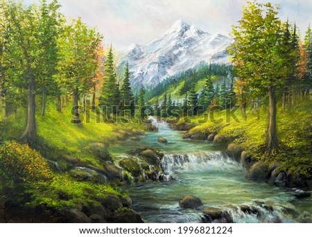 Original  oil painting of beautifl spring landscape, forest,snow mountains  and river  on canvas.Modern Impressionism, modernism,marinism