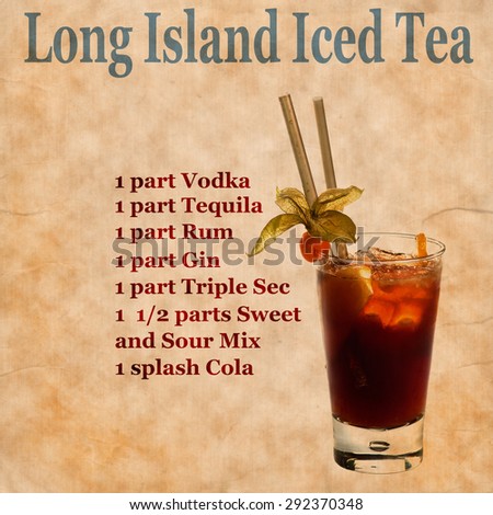 Old,vintage or grunge  Recipe  Notebook with Long Island Iced Tea  cocktail  on the page.Room for text