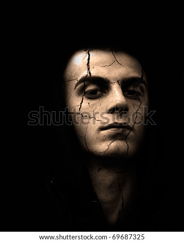 Portrait Of Sinister,Spooky Looking Man With Cracked Skin In Sepia ...